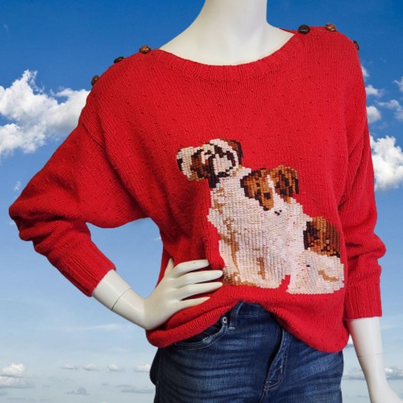 Vintage Sweaters - Vtg 80s/90s Marisa Christina Hand Knit Dogs Novelty Sweater Womens M, Flawed